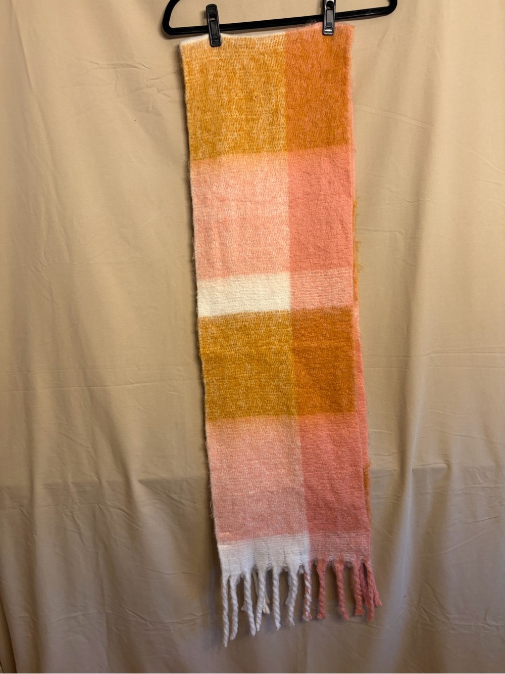 a new day Pink, Peach, Mustard & Cream Plaid Fringe Scarf